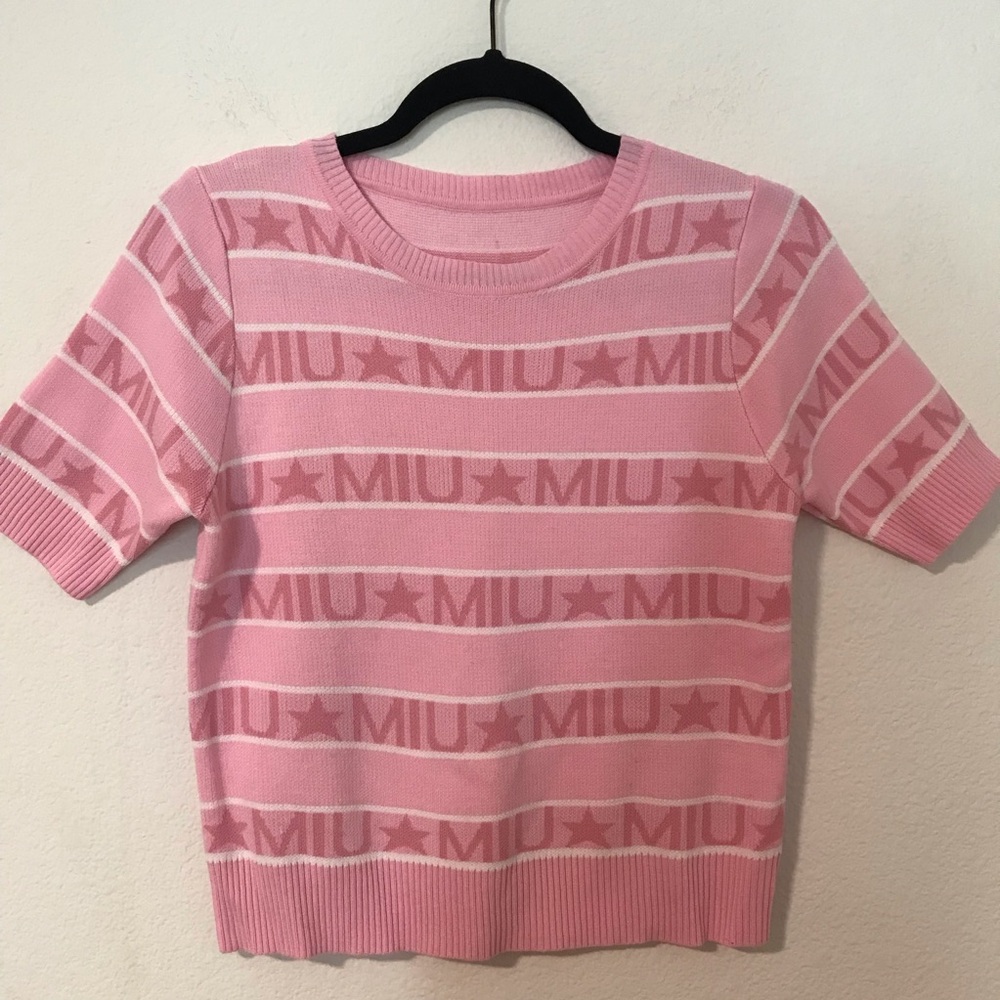Miu Miu Pink Striped Logo Knit Short Sleeve Top